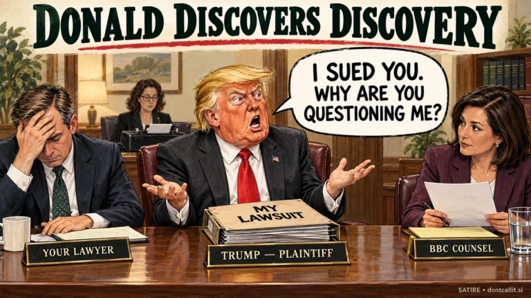 Invented editorial cartoon of an indignant Trump at a law-office deposition table beside his exasperated lawyer and a calm BBC lawyer. His nameplate identifies him as the plaintiff, and a folder reads My Lawsuit. He asks, I sued you. Why are you questioning me? Headline: Donald Discovers Discovery.