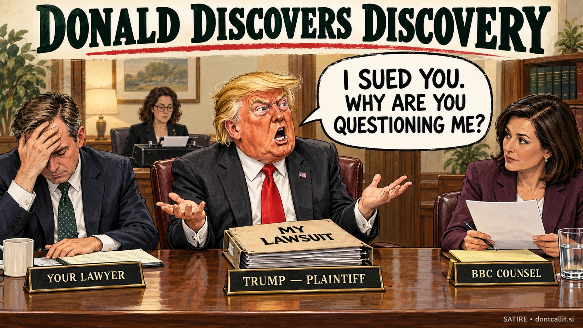 Invented editorial cartoon of an indignant Trump at a law-office deposition table beside his exasperated lawyer and a calm BBC lawyer. His nameplate identifies him as the plaintiff, and a folder reads My Lawsuit. He asks, I sued you. Why are you questioning me? Headline: Donald Discovers Discovery.