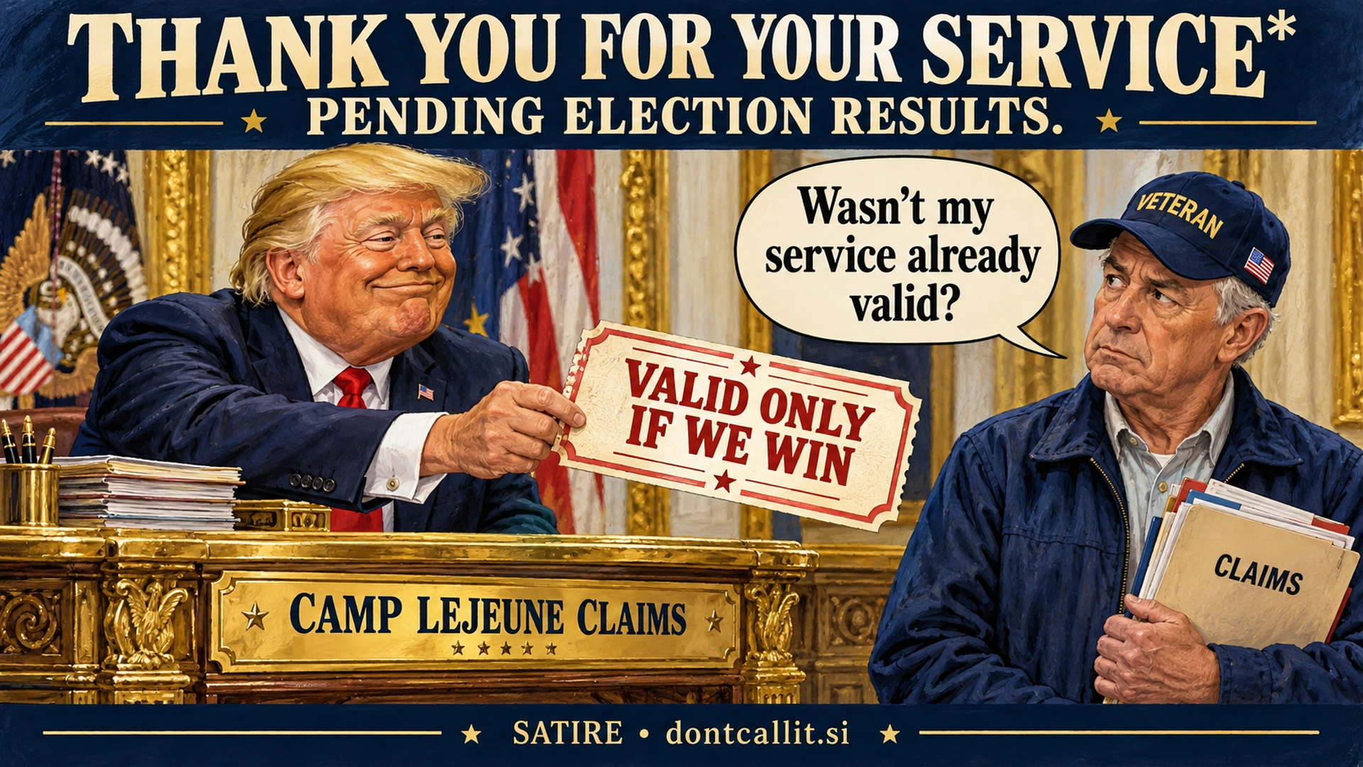 Invented editorial cartoon of Trump handing a veteran a coupon marked Valid only if we win at a Camp Lejeune claims desk. The veteran asks whether his service was already valid.