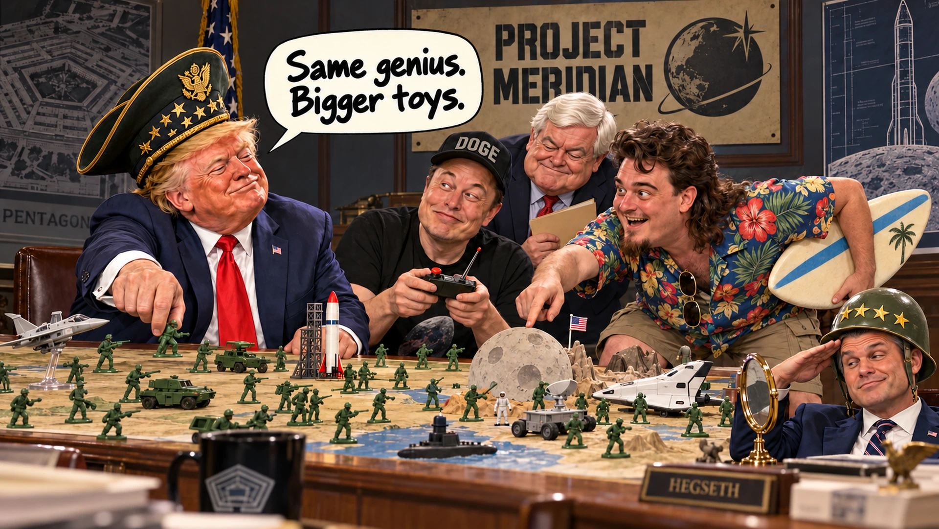 Invented political cartoon: Trump and Elon Musk play toy generals with Hawaiian-shirted Palmer Luckey; Newt Gingrich grins in the back row, and Pete Hegseth salutes a vanity mirror in the corner.