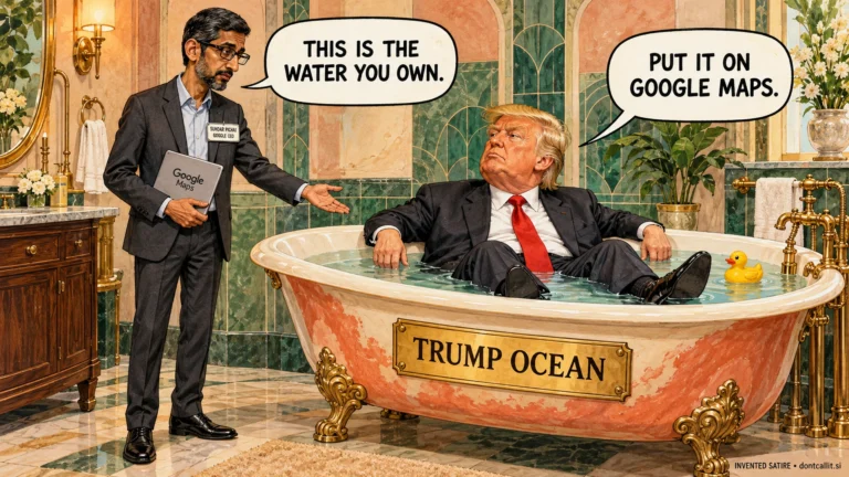 Invented editorial cartoon of a fully clothed Trump sitting in a bathtub labeled TRUMP OCEAN, asking for it on Google Maps, while Google CEO Sundar Pichai points out the water he owns.
