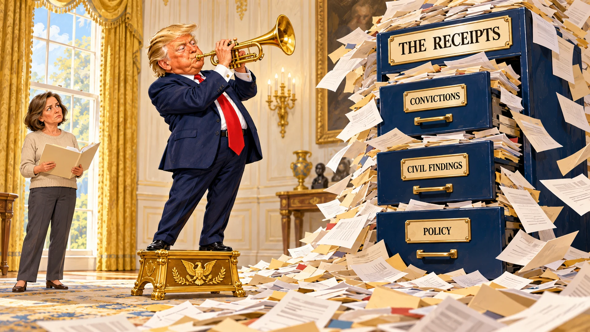AI-created political satire: Trump plays a gold trumpet beside an overflowing navy filing cabinet labeled THE RECEIPTS, with drawers for convictions, civil findings, and policy. An unimpressed woman holds an open folder. Fictional scene.