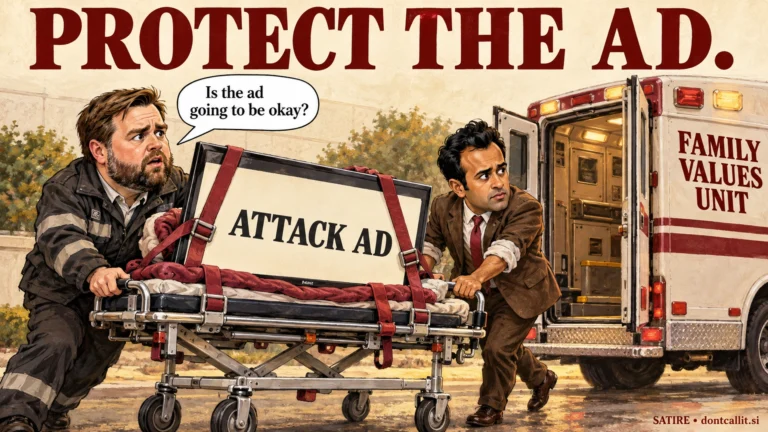 Invented painted editorial cartoon: JD Vance and Vivek Ramaswamy carefully wheel an intact television marked ATTACK AD on an emergency gurney toward a Family Values Unit van. Vance asks whether the ad will be okay. No victim or child is depicted.