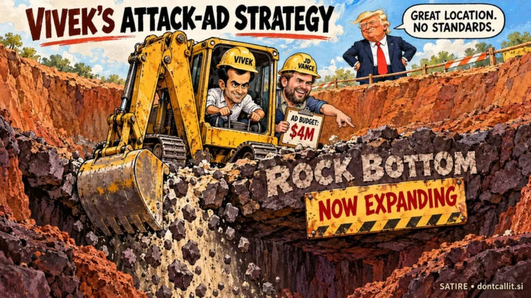 Invented editorial cartoon of Vivek Ramaswamy driving an excavator through a rock shelf labeled Rock Bottom, with a Now Expanding sign. JD Vance points farther down while holding an Ad Budget: $4M clipboard. Trump watches from the rim and says, Great location. No standards.
