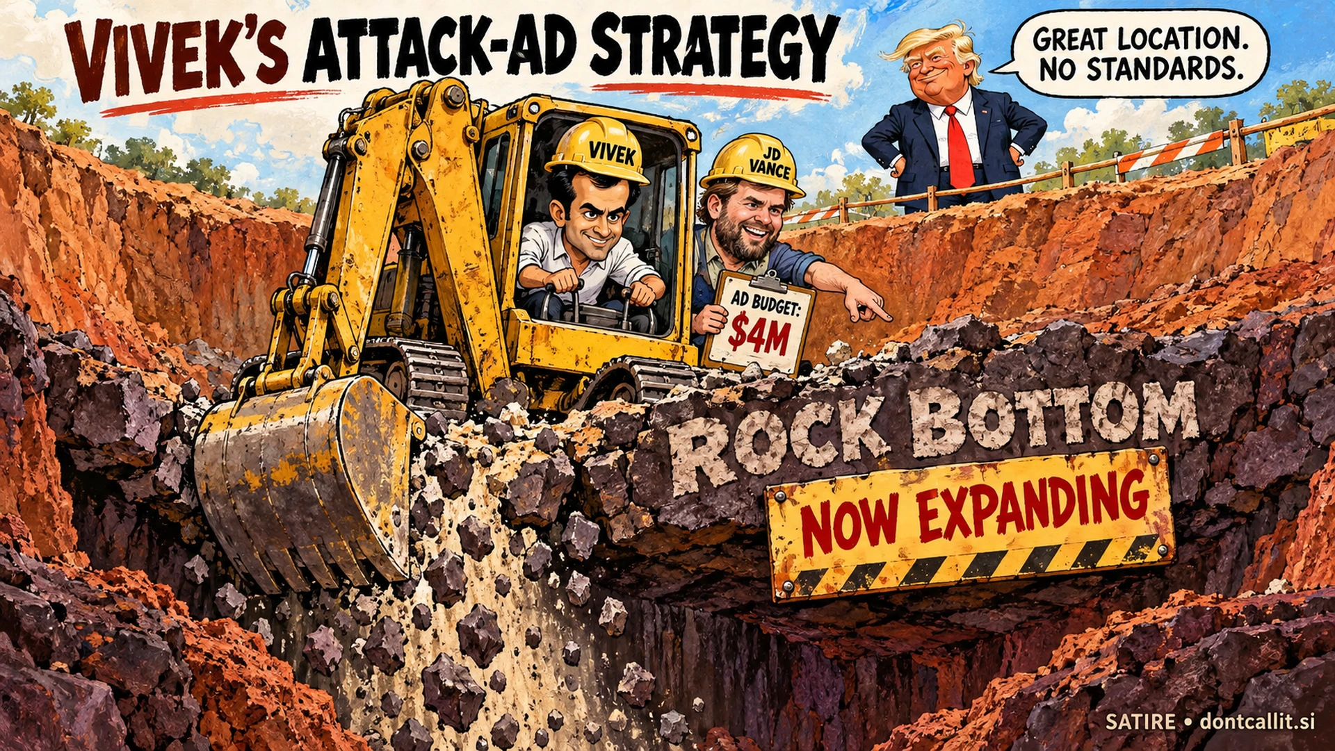 Invented editorial cartoon of Vivek Ramaswamy driving an excavator through a rock shelf labeled Rock Bottom, with a Now Expanding sign. JD Vance points farther down while holding an Ad Budget: $4M clipboard. Trump watches from the rim and says, Great location. No standards.