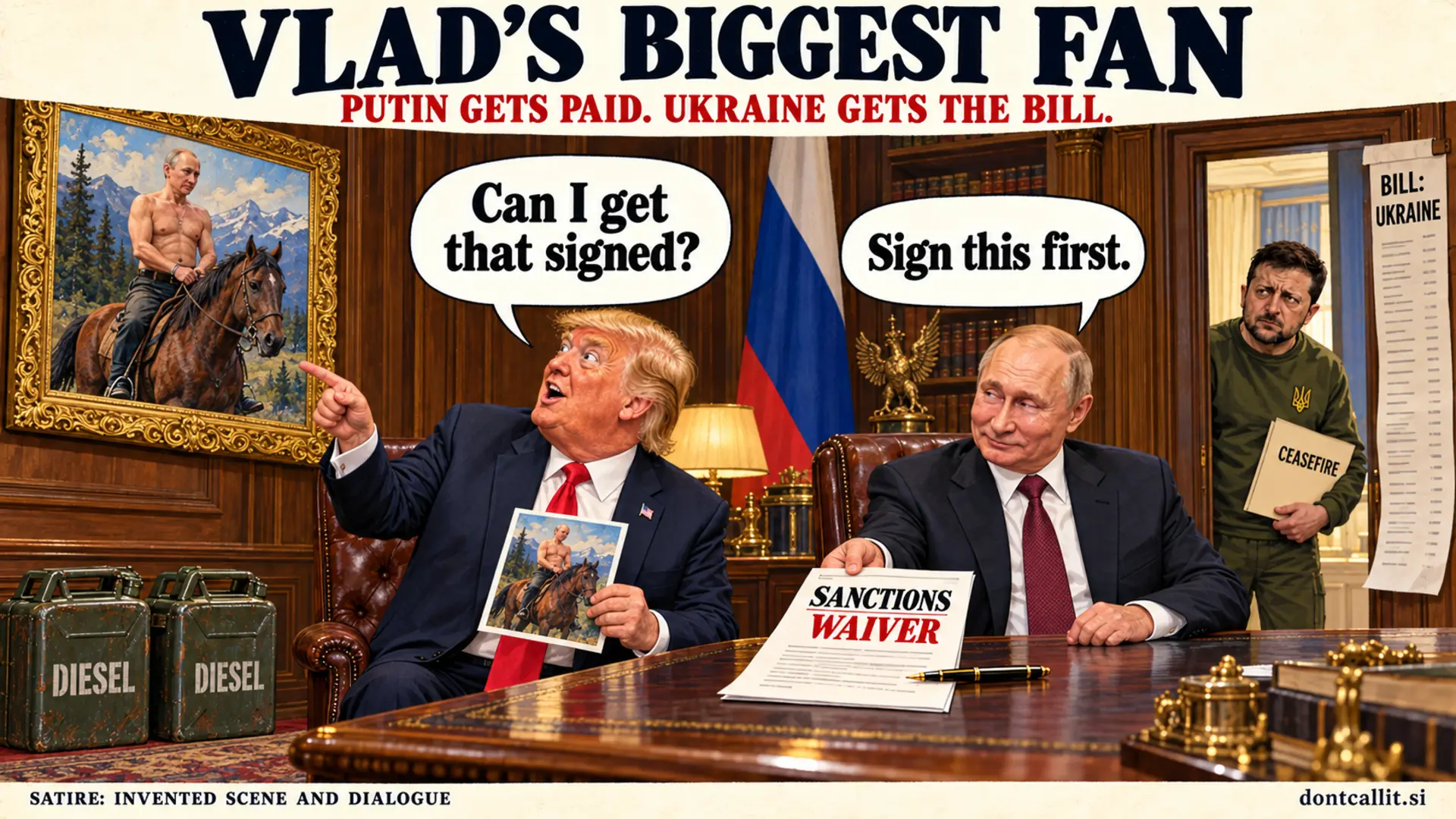Invented political cartoon of Trump admiring a framed picture of shirtless Putin on horseback while Putin offers a sanctions waiver and Zelenskyy waits with a ceasefire folder.