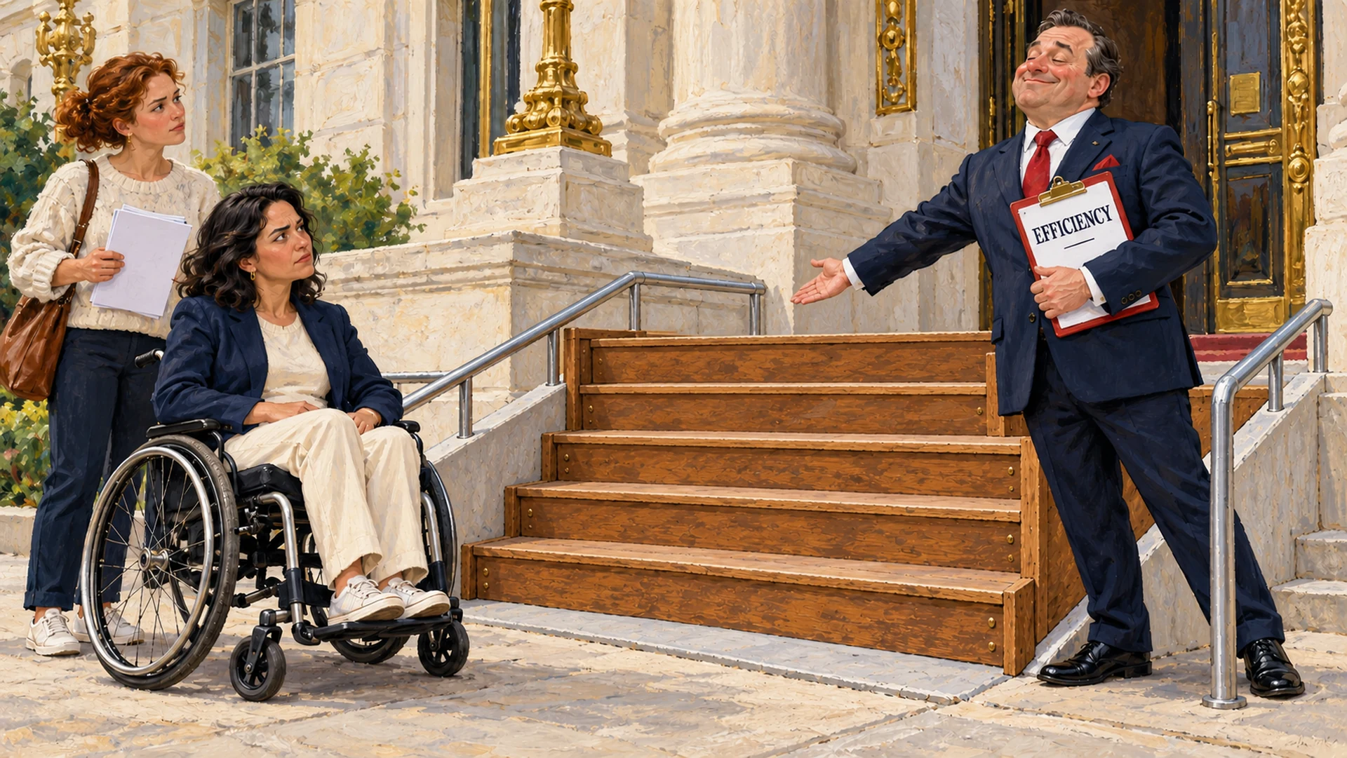 AI-created political satire. A self-satisfied bureaucrat installs a wooden staircase across an accessible ramp while a dignified wheelchair user looks at him. Invented scene and labels.