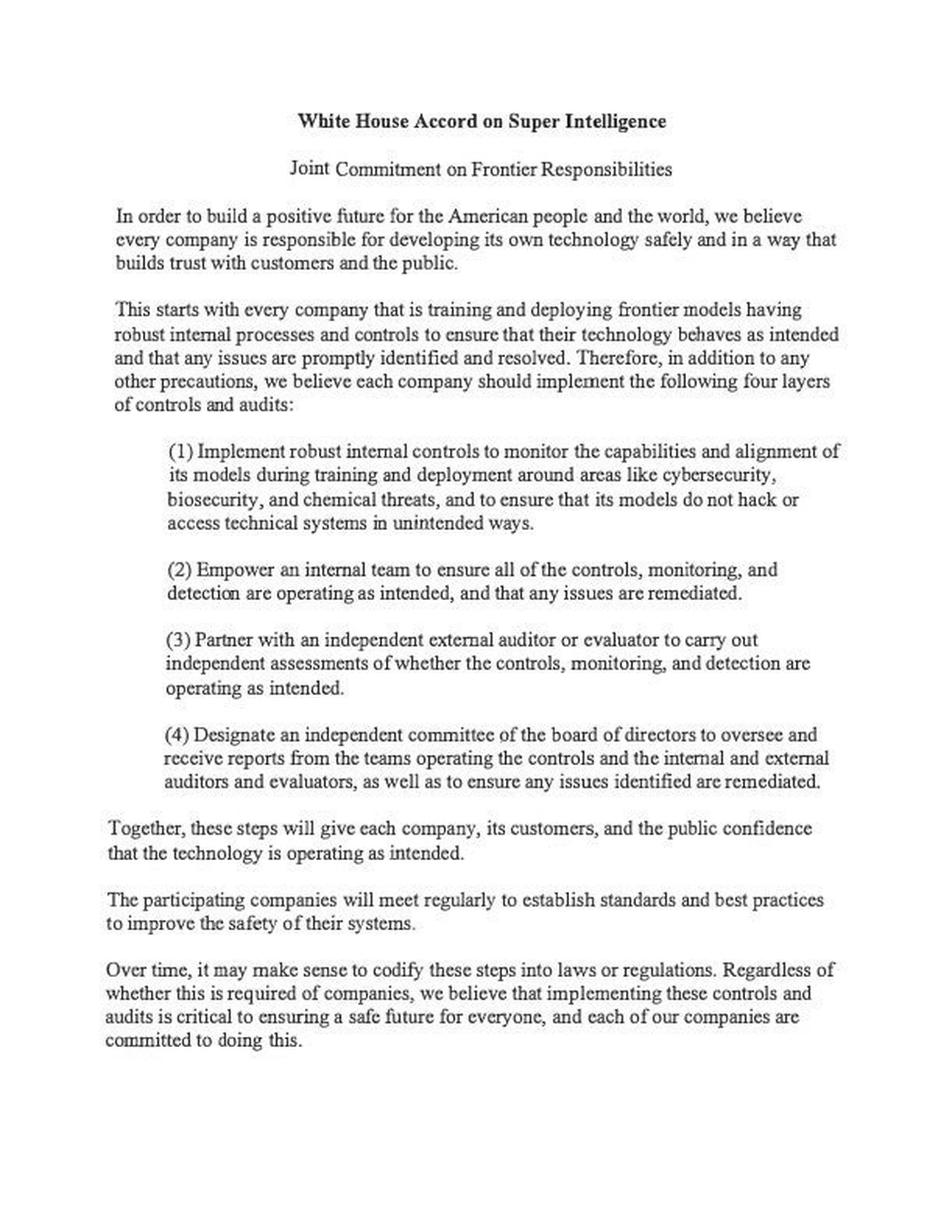 Archived text page of the White House Accord on Super Intelligence, September 29, 2026. A PDF download and source transcription accompany this scan.