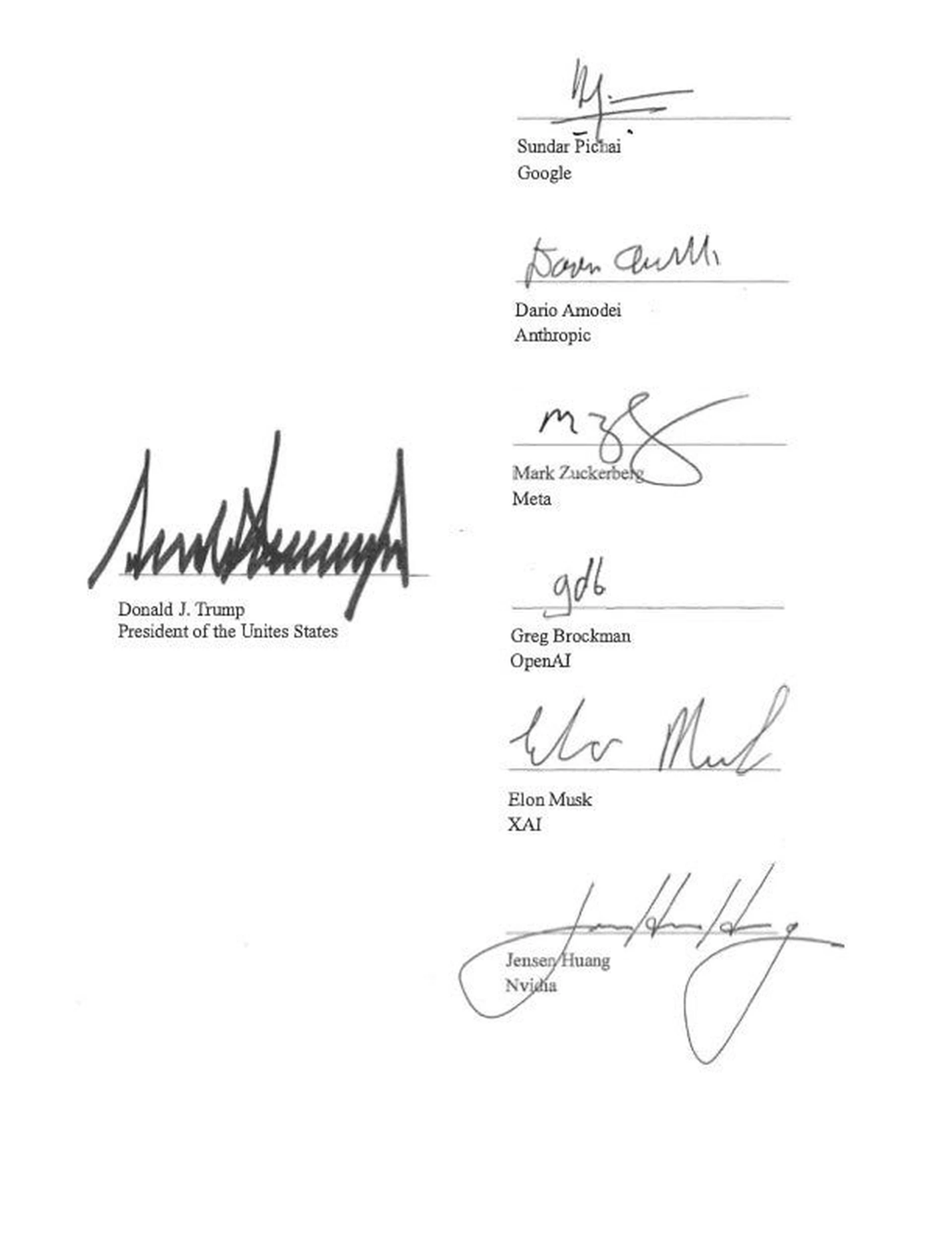 Archived signature page showing Donald Trump, Sundar Pichai, Dario Amodei, Mark Zuckerberg, Greg Brockman, Elon Musk, and Jensen Huang.
