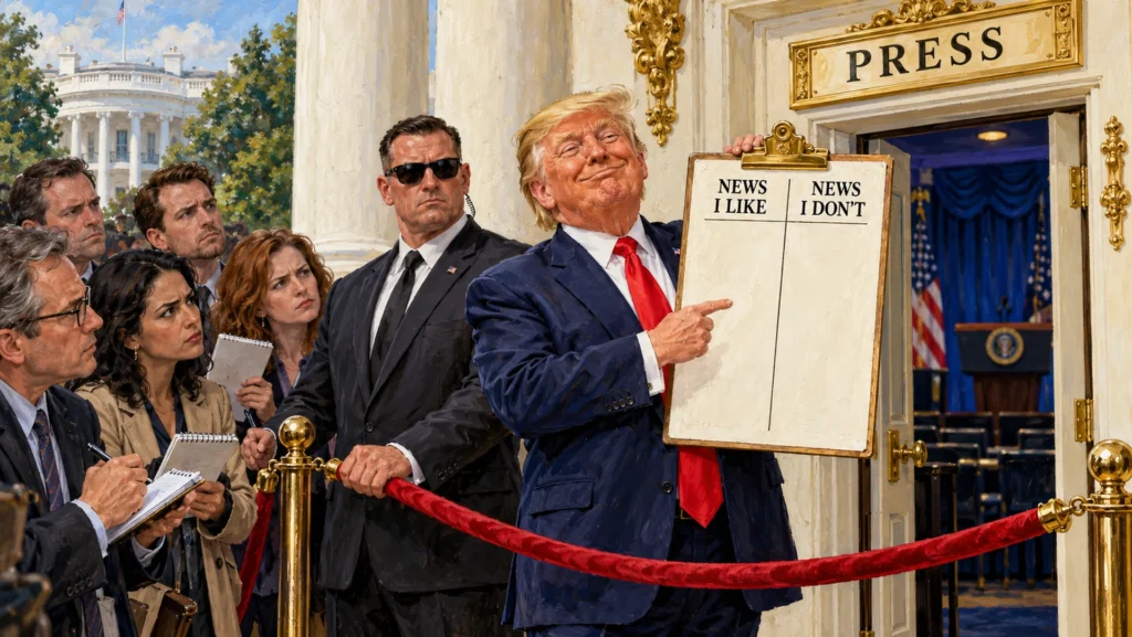 The press room has a bouncer. Facts need a reservation.