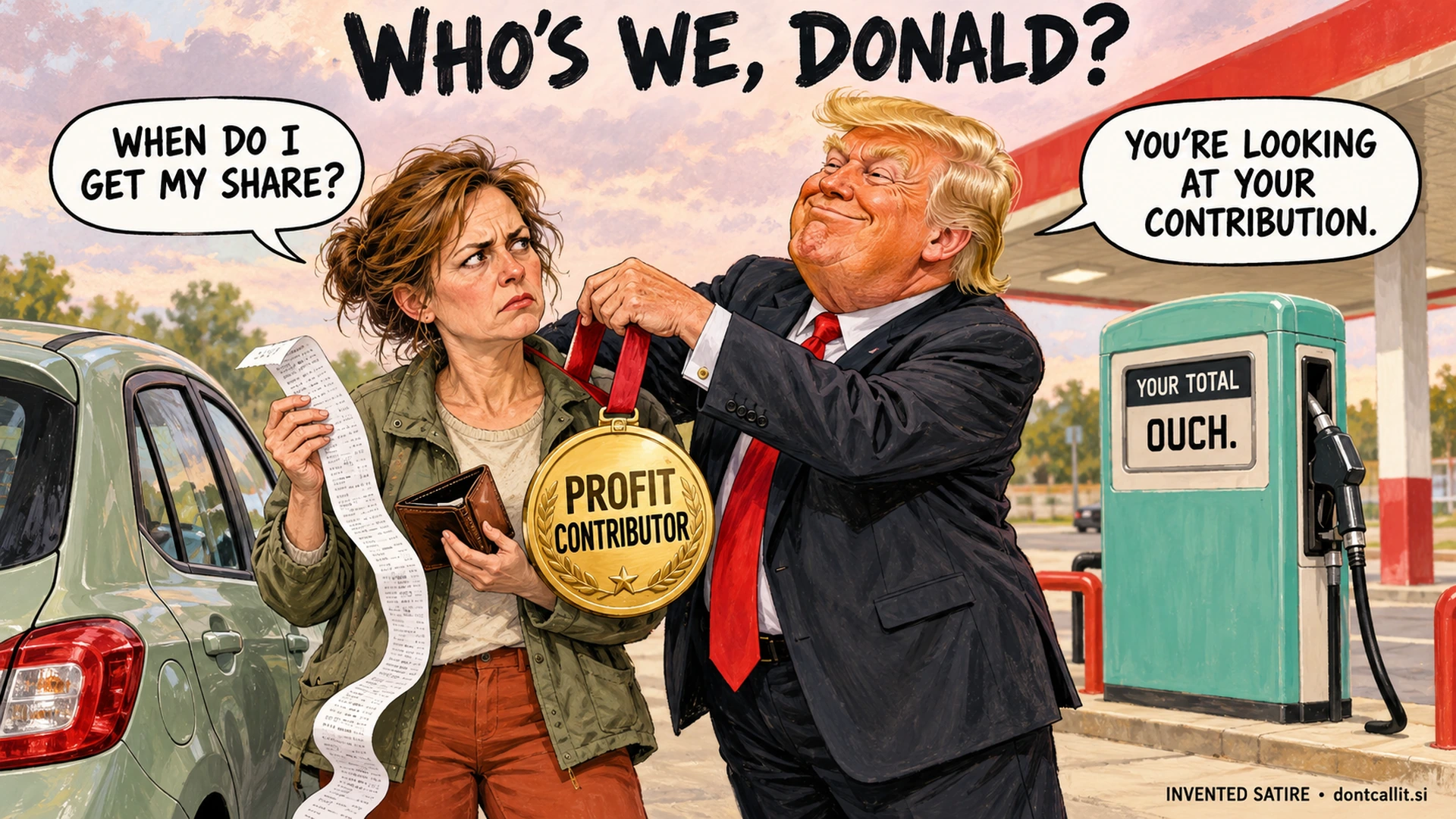 Invented editorial cartoon of Donald Trump awarding an ordinary motorist a Profit Contributor medal at a gas station. She holds a fuel receipt and asks about her share. Trump calls it her contribution. The scene and dialogue are invented satire.